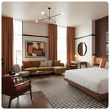 Modern hotel room with a bed, sofa, and decor elements.Orange curtains for b boutique drapes.Blackout curtains