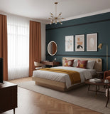 Modern bedroom with a bed, side tables, and wall art.Modern Retro interior style for hotels,Airbnb and bedrooms