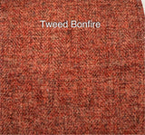 Textured fabric swatch labeled 'Tweed Bonfire' with a herringbone pattern.