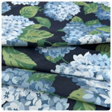 Floral 100% cotton fabric.
Dark blue background with light blue flowers and green leaves