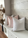 HFStudio Designer Decorative Blush Linen and Velvet Color Block cushions and pillows.