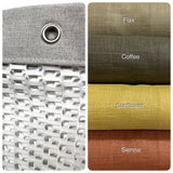 Textured fabric swatch with grommet and color swatches labeled 'Flax', 'Coffee', 'Sunflower', and 'Sienna'.