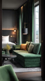 Modern bedroom with green sofa, bed, and decorative elements.Forest green velvet drapes.Dark green velvet drapes