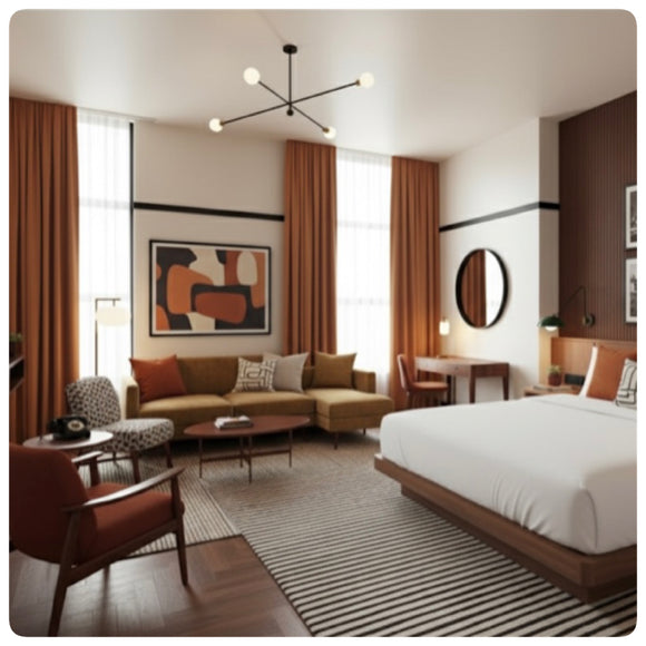 Modern hotel room with a bed, sofa, and decor elements.Orange curtains for b boutique drapes.Blackout curtains