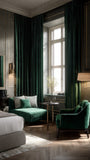 Luxurious living room with green velvet chairs and curtains.hotel room with green velvet drapes