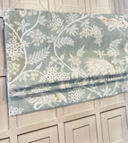 Light Blue Birds and Floral Organic Cotton Custom Roman Shades made in Canada. Functional Roman Shades with Chain Mechanism .