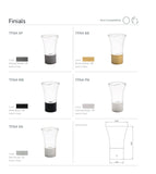Collection of finials with color and compatibility information on a white background. Glass finials