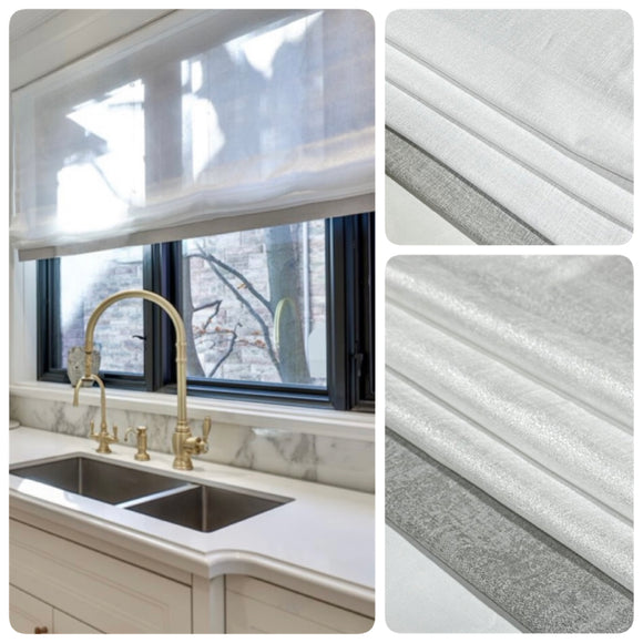 Custom Linen Roman Shades by HFDrapery Studio. Made in Canada. Color block design White and Grey Roman Blinds with Sleek Chain Mechanism.
