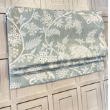 Light Blue Birds and Floral Organic Cotton Custom Roman Shades made in Canada. Functional Roman Shades with Chain Mechanism .