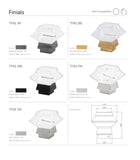 Product catalog page showing various finial options with color compatibility and dimensions.Acrylic finials