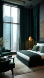 Modern bedroom with green bedding, large windows, and a lamp.