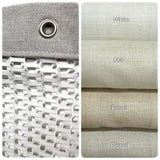 Fabric swatches with grommet and color labels 'White', 'Milk', 'Fossil', and 'Biscuit'. fabric for medical curtains
