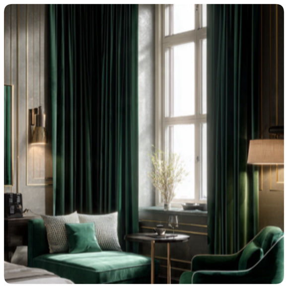 Forest Green Custom Luxury Blackout Velvet Draperies. For Boutique Hotels,Airbnb Suits  and Residential Areas. Made in Canada.