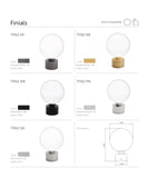 Product display of finials with color options and dimensions on a white background. Crystal, oval, raund, square shape finials
