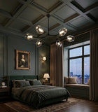 Dark-themed bedroom with a large window, bed, and decorative elements. 
Custom velvet curtain for cozy bedrooms 