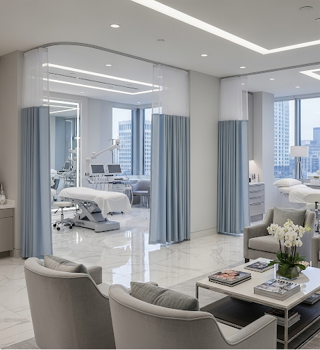Modern waiting room with custom medical curtains comfortable seating and a view of city skyline.Fabric for hospitality projects with all requirements.Hotels fabric.Medical offices fabric