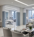 Modern waiting room with custom medical curtains comfortable seating and a view of city skyline.Fabric for hospitality projects with all requirements.Hotels fabric.Medical offices fabric