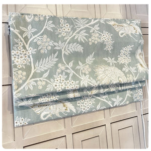 Light Blue Birds and Floral Organic Cotton Custom Roman Shades made in Canada. Functional Roman Shades with Chain Mechanism .
