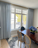 Tuscany Pure Linen Custom Pinch Pleat Drapes - Soft Ocean blue. Handcrafted 100% Linen French pleat drapery. Made in Canada.