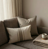 Neutral linen lumbar pillow with designer embroidered trim, custom handmade decorative pillow made in Canada