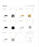 Product catalog page showing various finial options with color compatibility and dimensions.