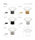 Various finial options with color and compatibility information on a white background .Luxeryclear glass finials