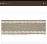 Textured fabric strip with decorative border on a white background, featuring the brand 'Fabricut'.
Embroidery trim