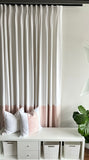 Zephyr-Color Block Linen and Pastel Pink Velvet Designer Drapery Panels.