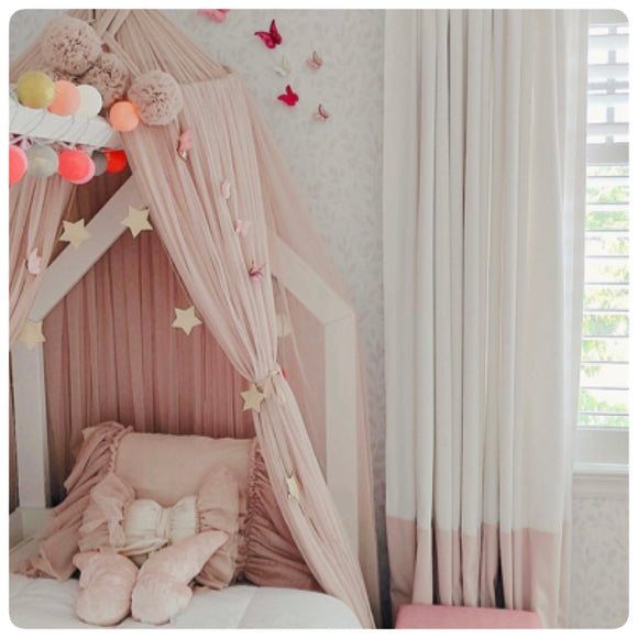 Zephyr-Color Block Linen and Pastel Pink Velvet Designer Drapery Panels.
