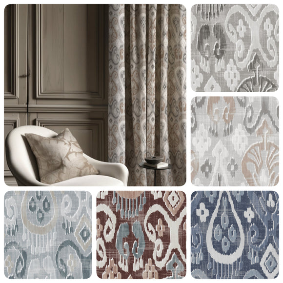 Beaumont Drapery Panels in Dreamy IKAT pattern. 100% Cotton French pleat curtains. Made in Canada.