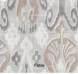 Beaumont Drapery Panels in Dreamy IKAT pattern. 100% Cotton French pleat curtains. Made in Canada.