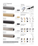 Catalog page showing various types of channel rods and related accessories with color options.Black gold silver brushed nickel pewter chrome drapery hardware.motorize 
