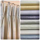 Shimmer Linen Drapery Collection. Modern Silver Metallic and Gold Slubby Linen Drapes.